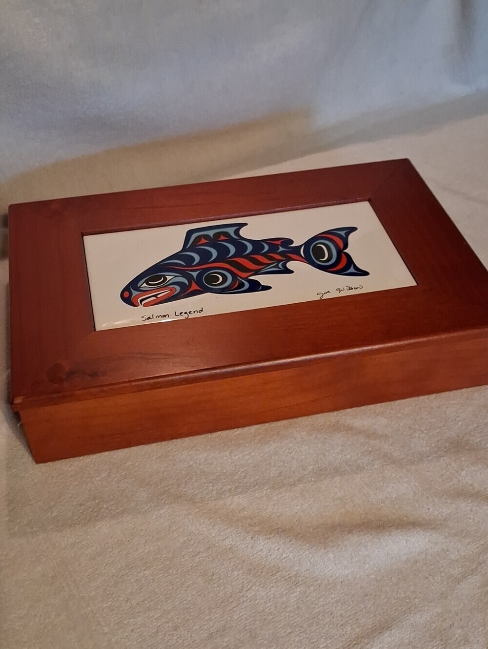 Wooden Display Box with Blue and Red Salmon Art Joe Wilson Indigenous Trible Art